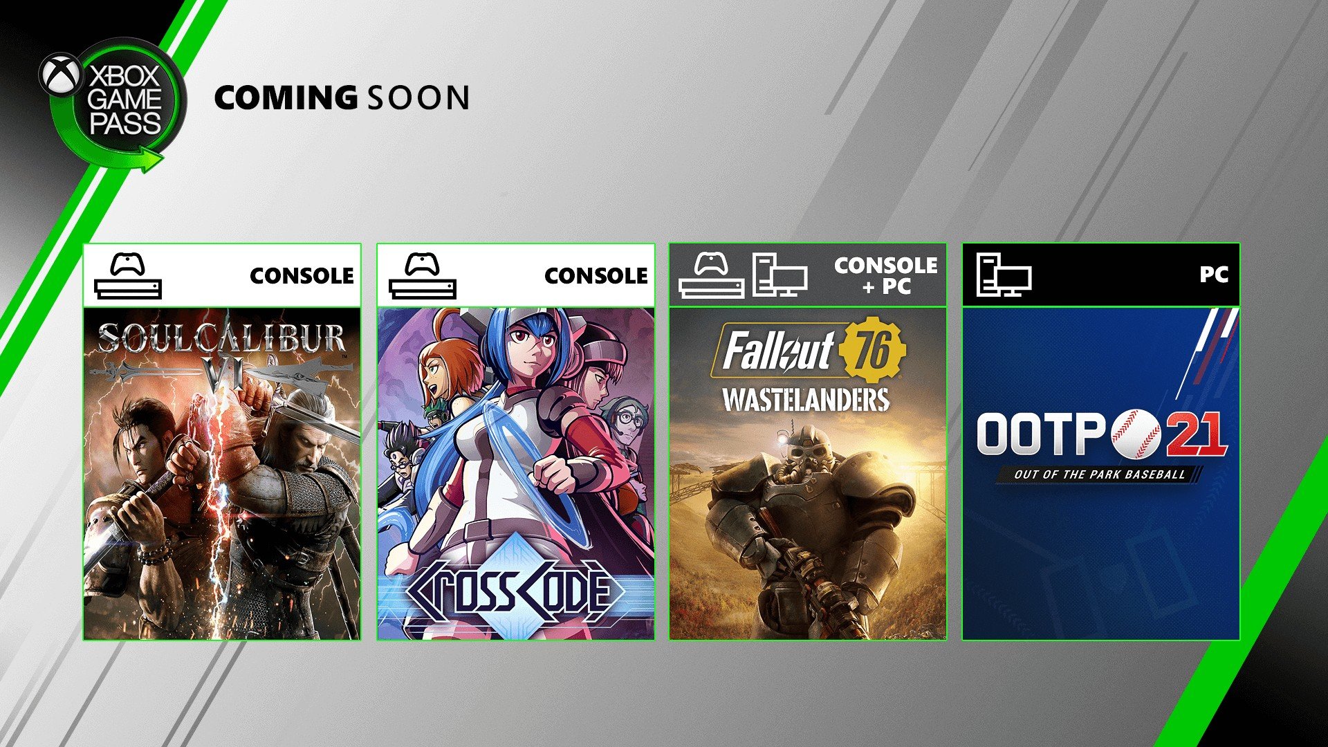 Xbox Game Pass adds Soulcalibur VI, Fallout 76, CrossCode, and Out of the Park Baseball 21 in July