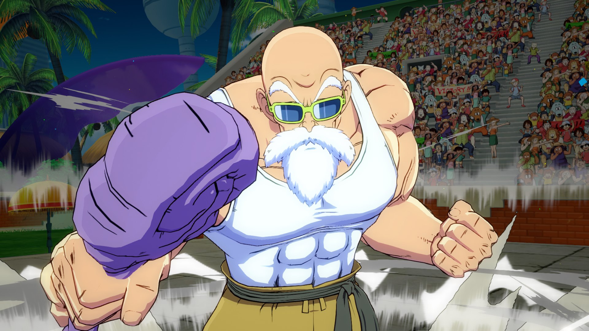 Dragon Ball FighterZ DLC character Master Roshi screenshots.