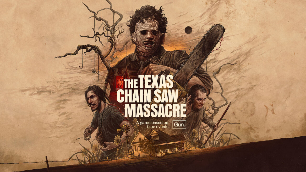 The title screen for the game The Texas Chainsaw Massacre. It features leatherface holding a chainsaw and several elements from the game.