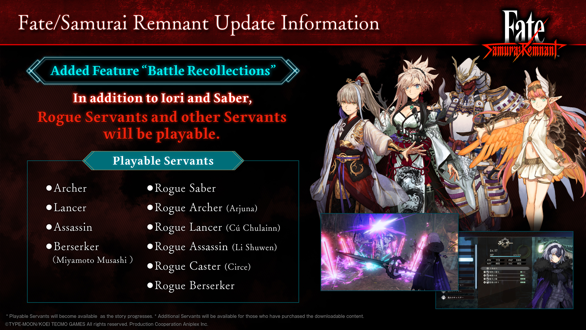 Fate/Samurai Remnant version 1.03 update now available, adds new difficulty levels, playable Servants