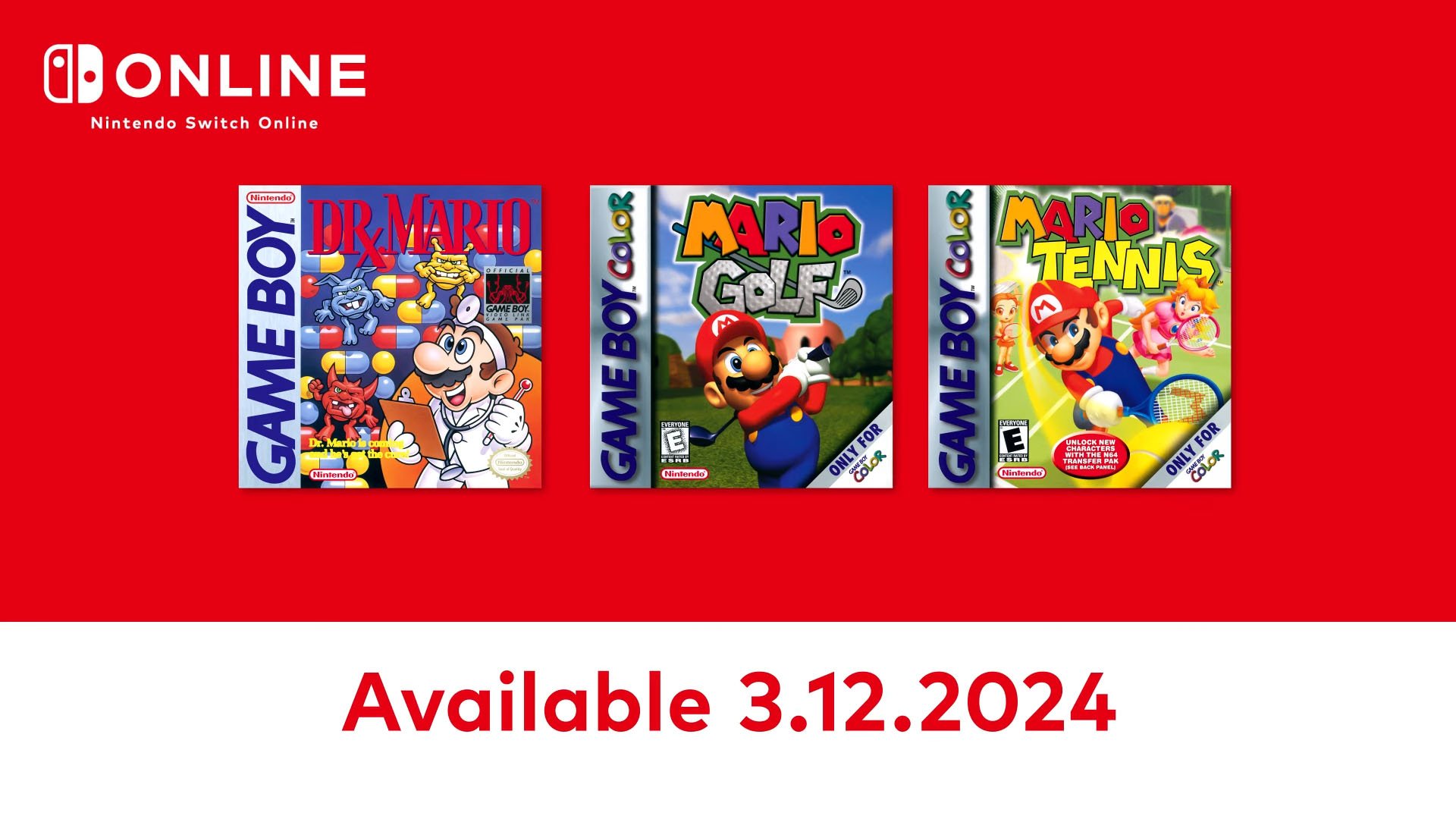 #
      Game Boy – Nintendo Switch Online adds Dr. Mario, Mario Golf, and Mario Tennis on March 12